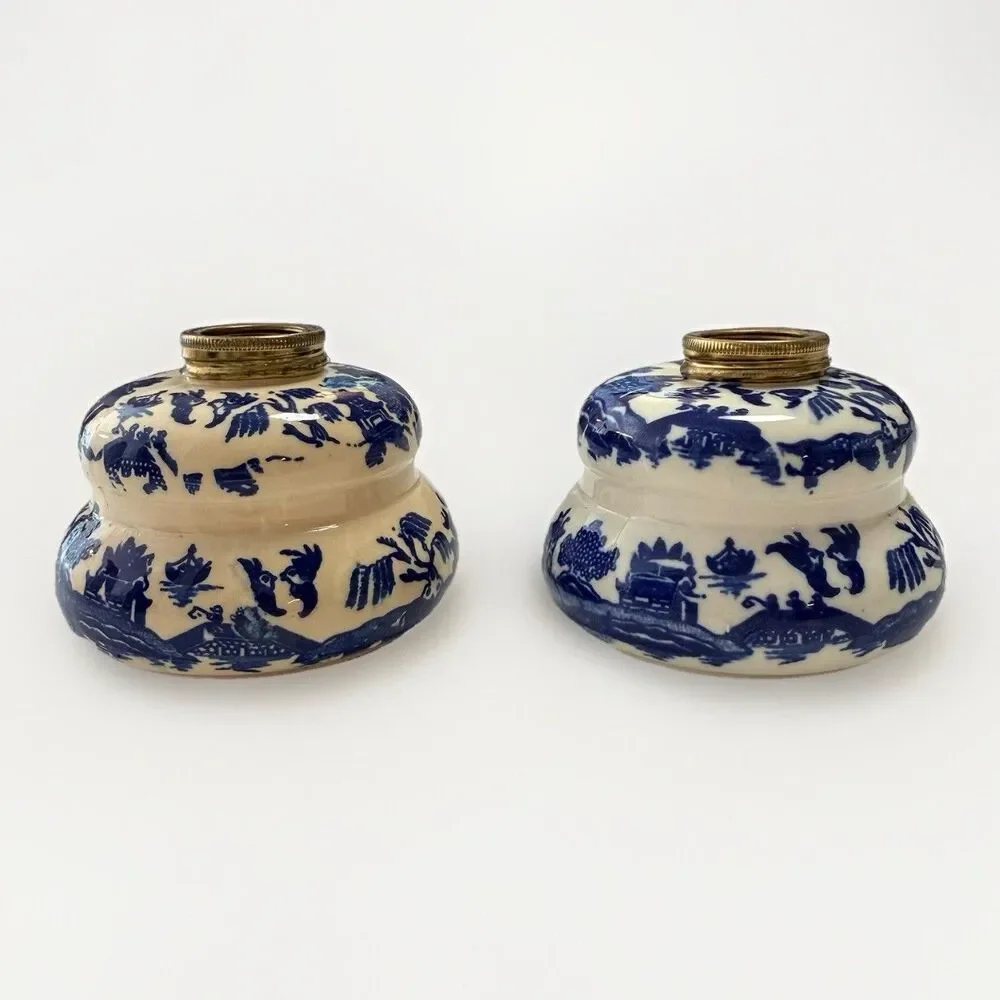 Vintage Victorian Japanese Blue Willow Decorative Oil Lamp Pair Set